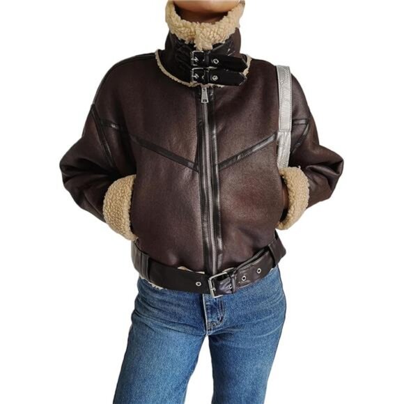 COPY - Winter Women’s Faux Lamb Sherpa Aviator Bomber Jacket – Vintage Cropped … - Picture 3 of 7